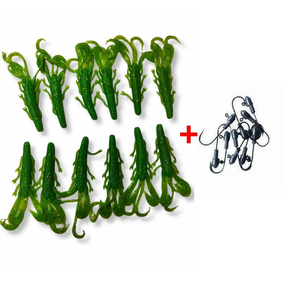 12pcs 10cm Fishing Soft Plastic  Yabbie Lure Bonus 10 Jig heads GREEN