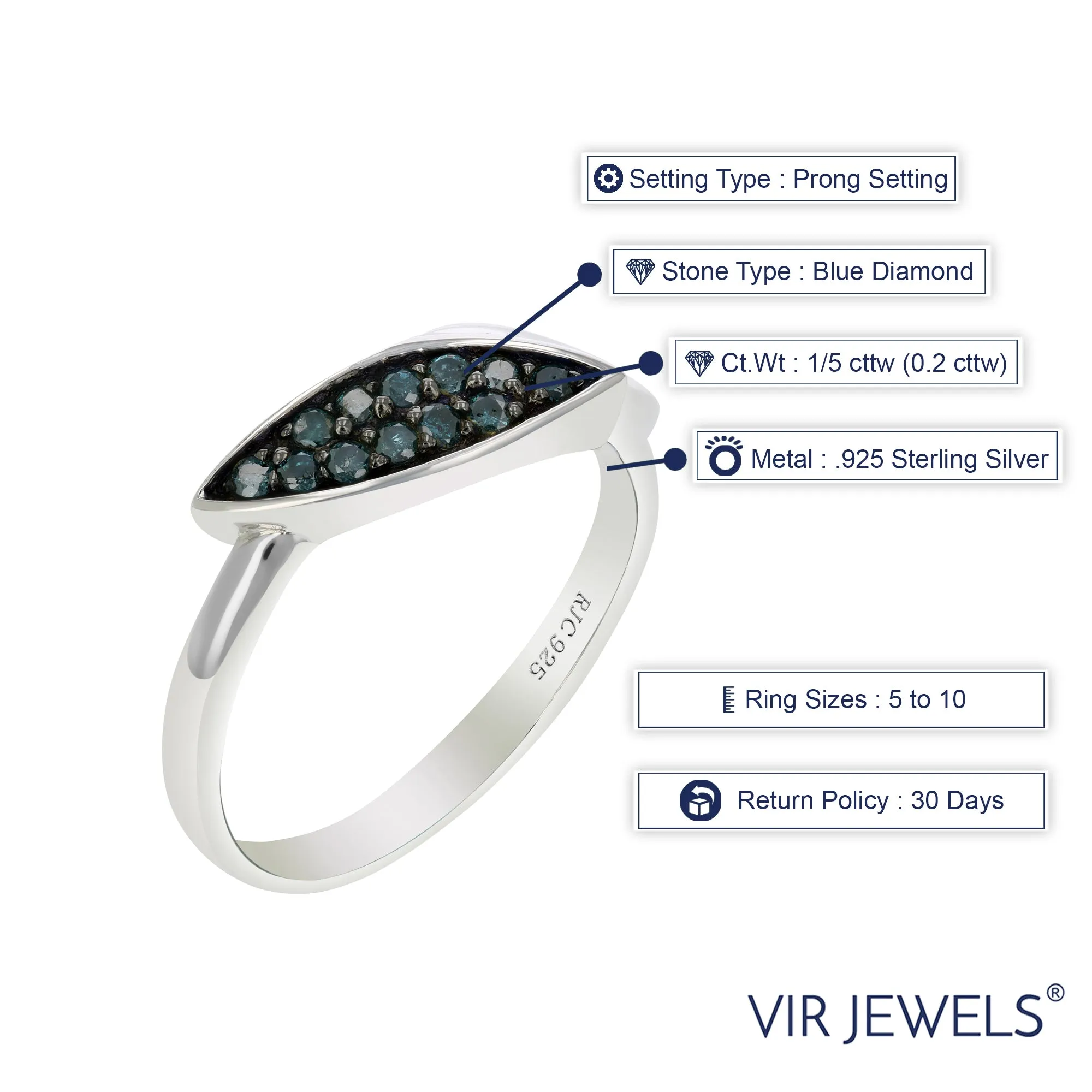 1/5 cttw Marquise Blue Diamond Statement Ring in Sterling Silver