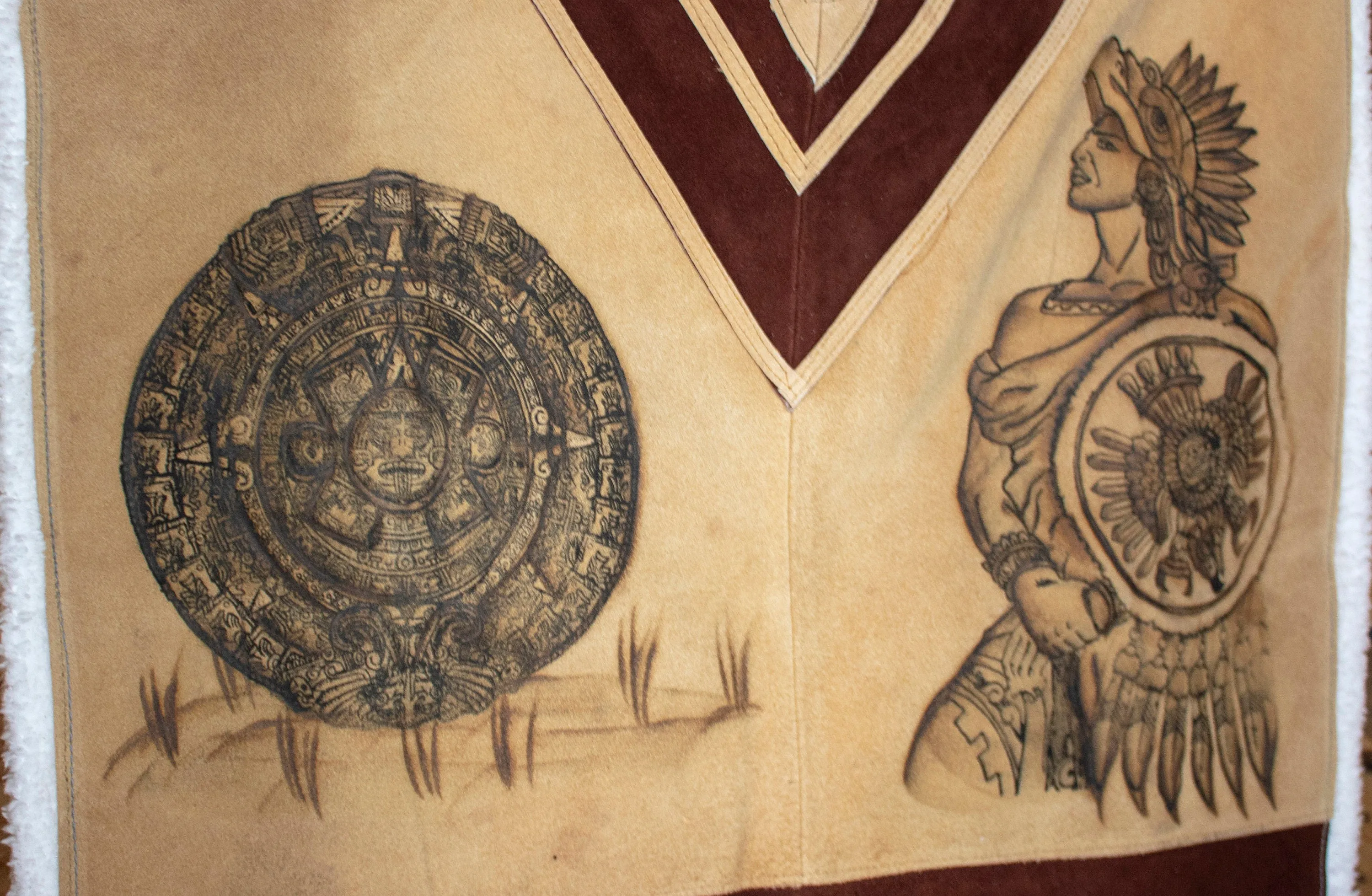 AUTHENTIC SUEDE LEATHER stamped Calendario Azteca Aztec deer sheep wool Mexican poncho Gaban