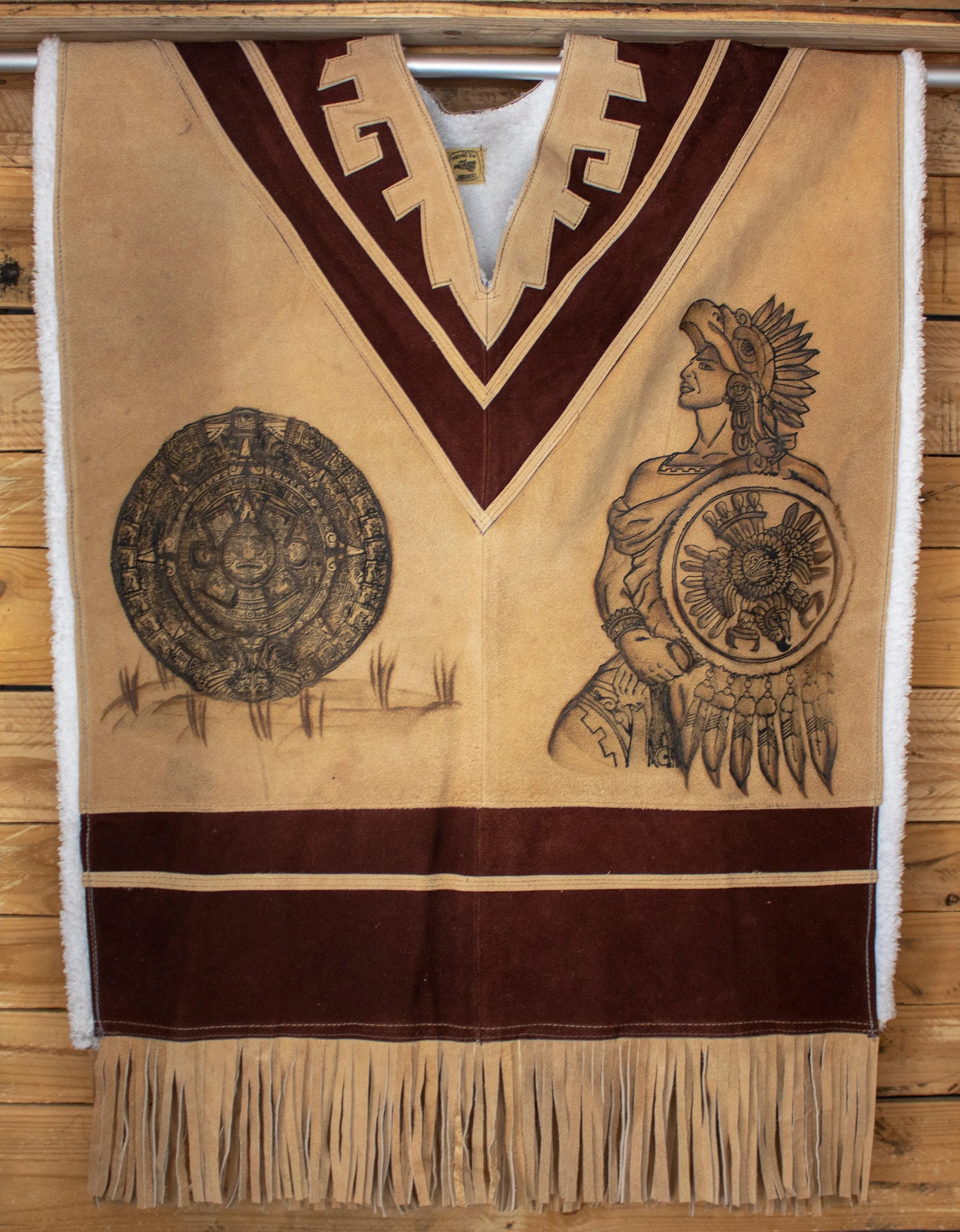AUTHENTIC SUEDE LEATHER stamped Calendario Azteca Aztec deer sheep wool Mexican poncho Gaban