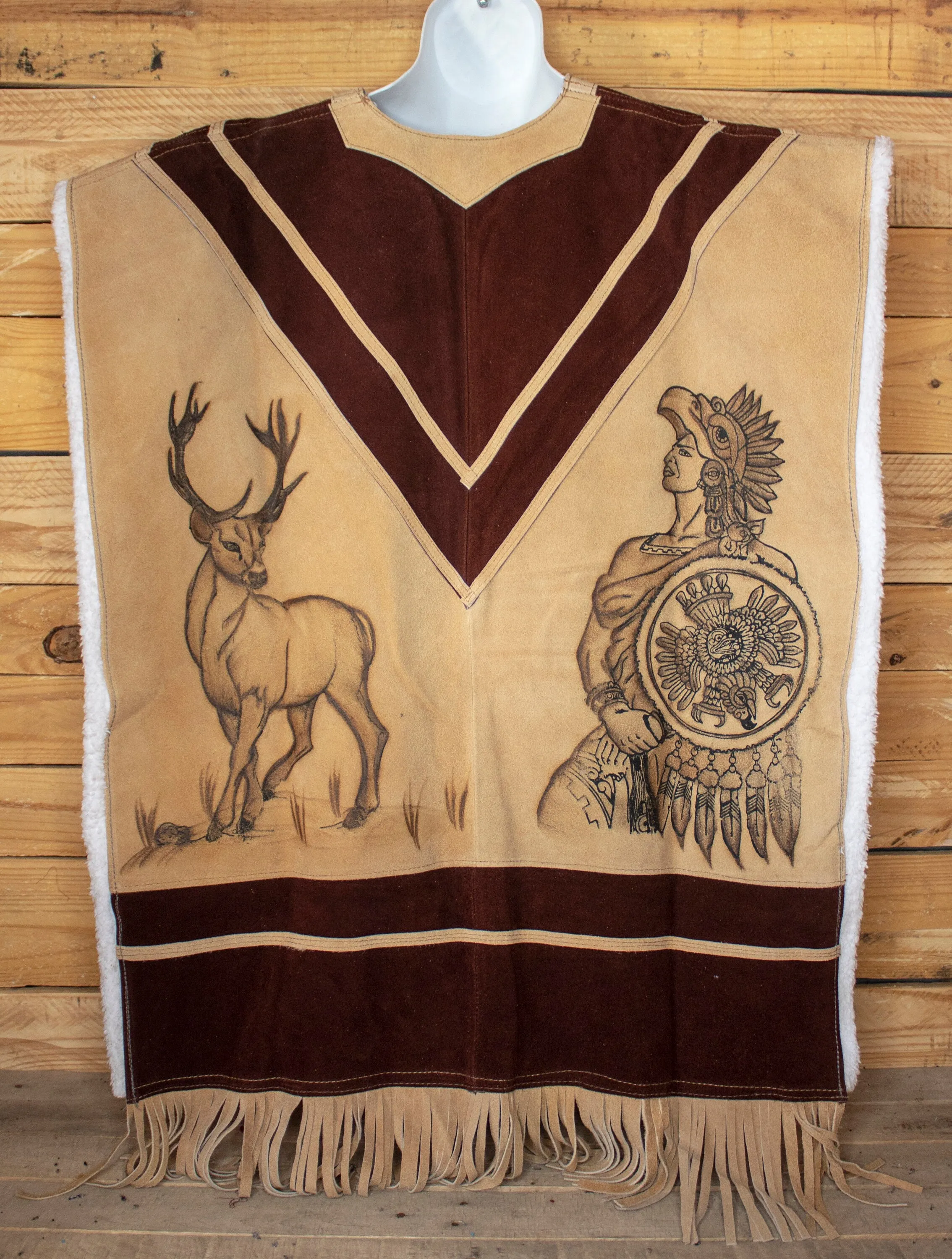 AUTHENTIC SUEDE LEATHER stamped Calendario Azteca Aztec deer sheep wool Mexican poncho Gaban