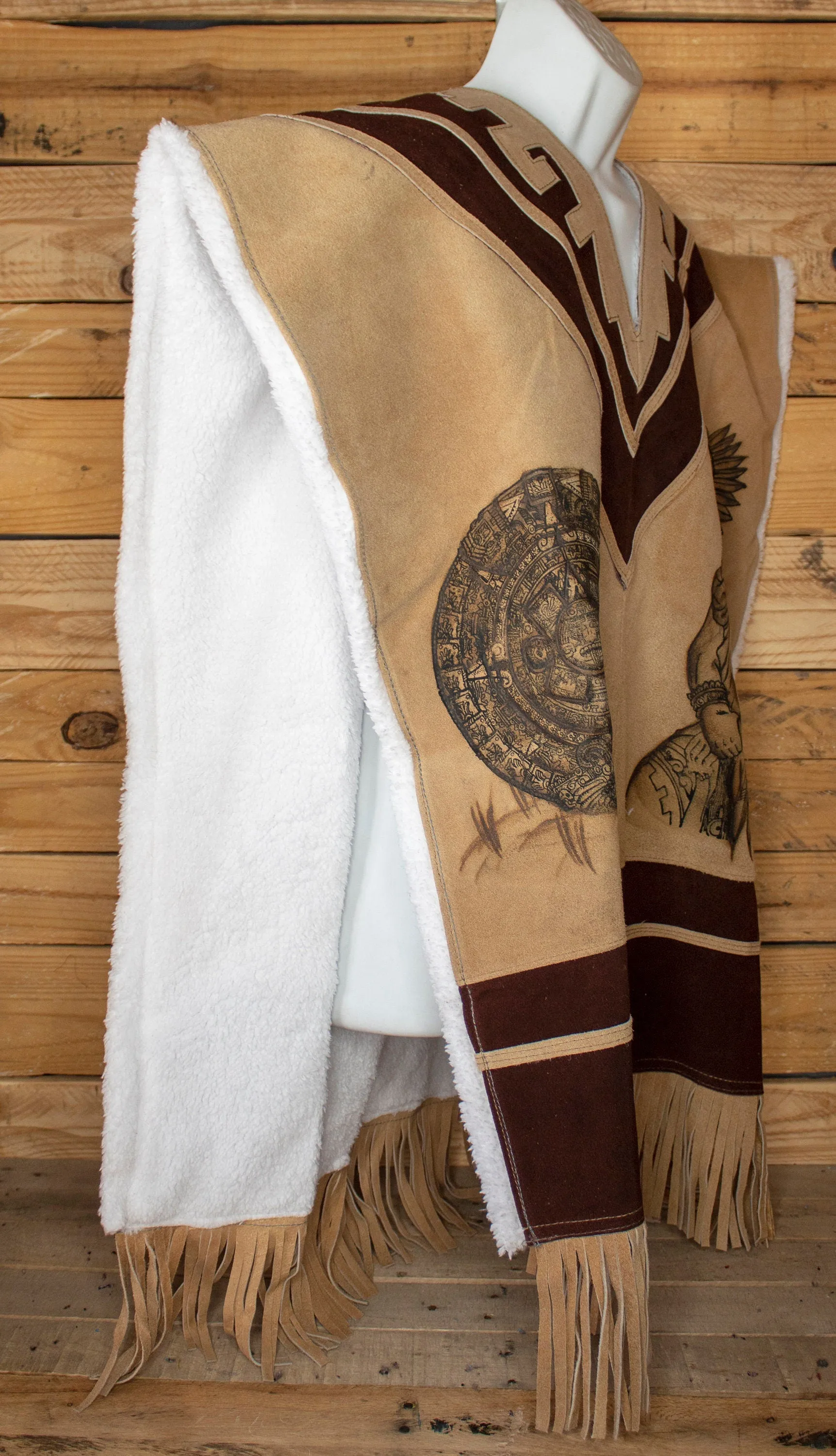 AUTHENTIC SUEDE LEATHER stamped Calendario Azteca Aztec deer sheep wool Mexican poncho Gaban