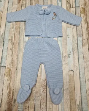 Baby Boys Blue Knitted Pom Pom Set With Embroidered Running Rabbit Design