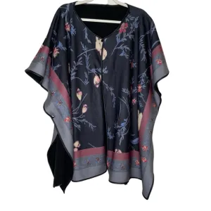Black floral flannel shawl with snap closure. 2Xl