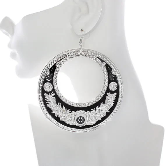 Black Large Texture Design Hoop Earrings