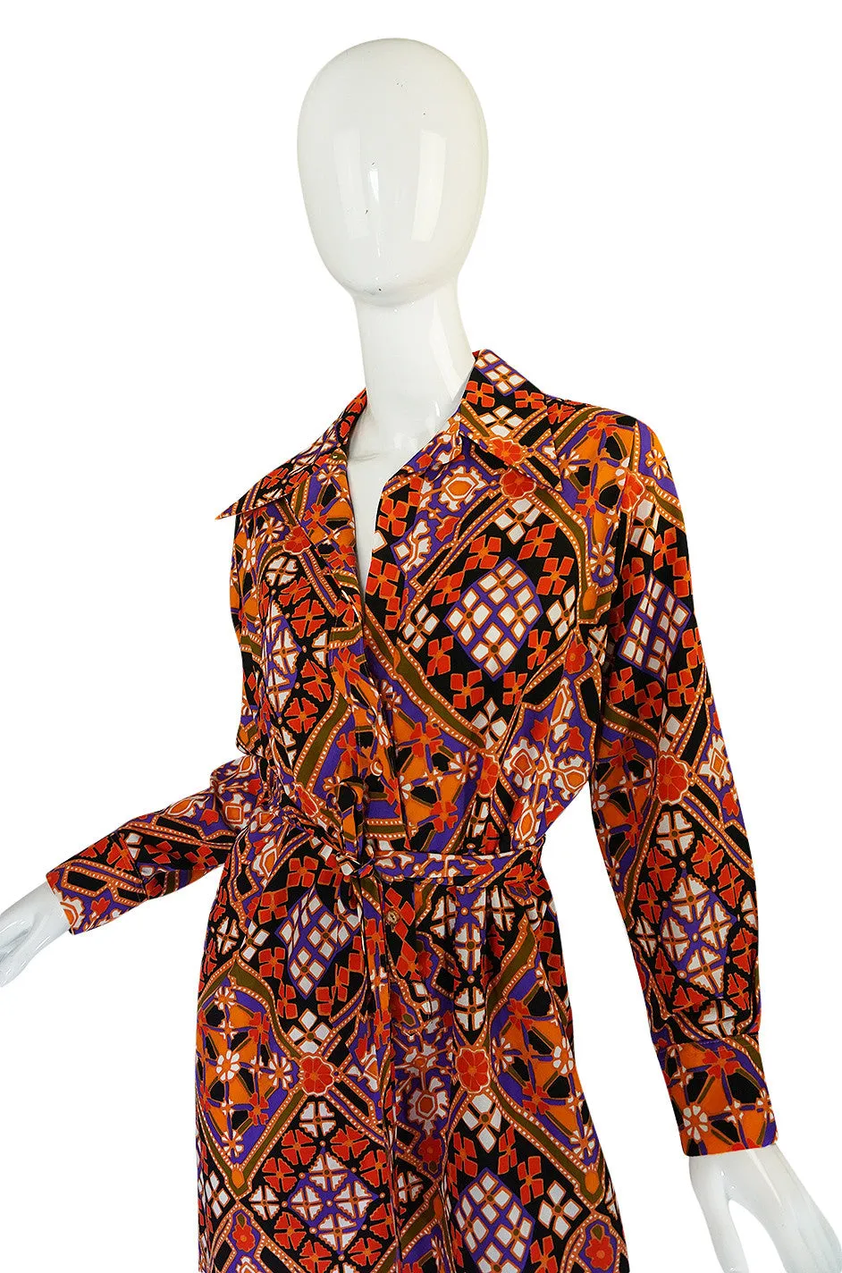 Chic 1970s Belted Coral Print Lanvin Shirt Dress