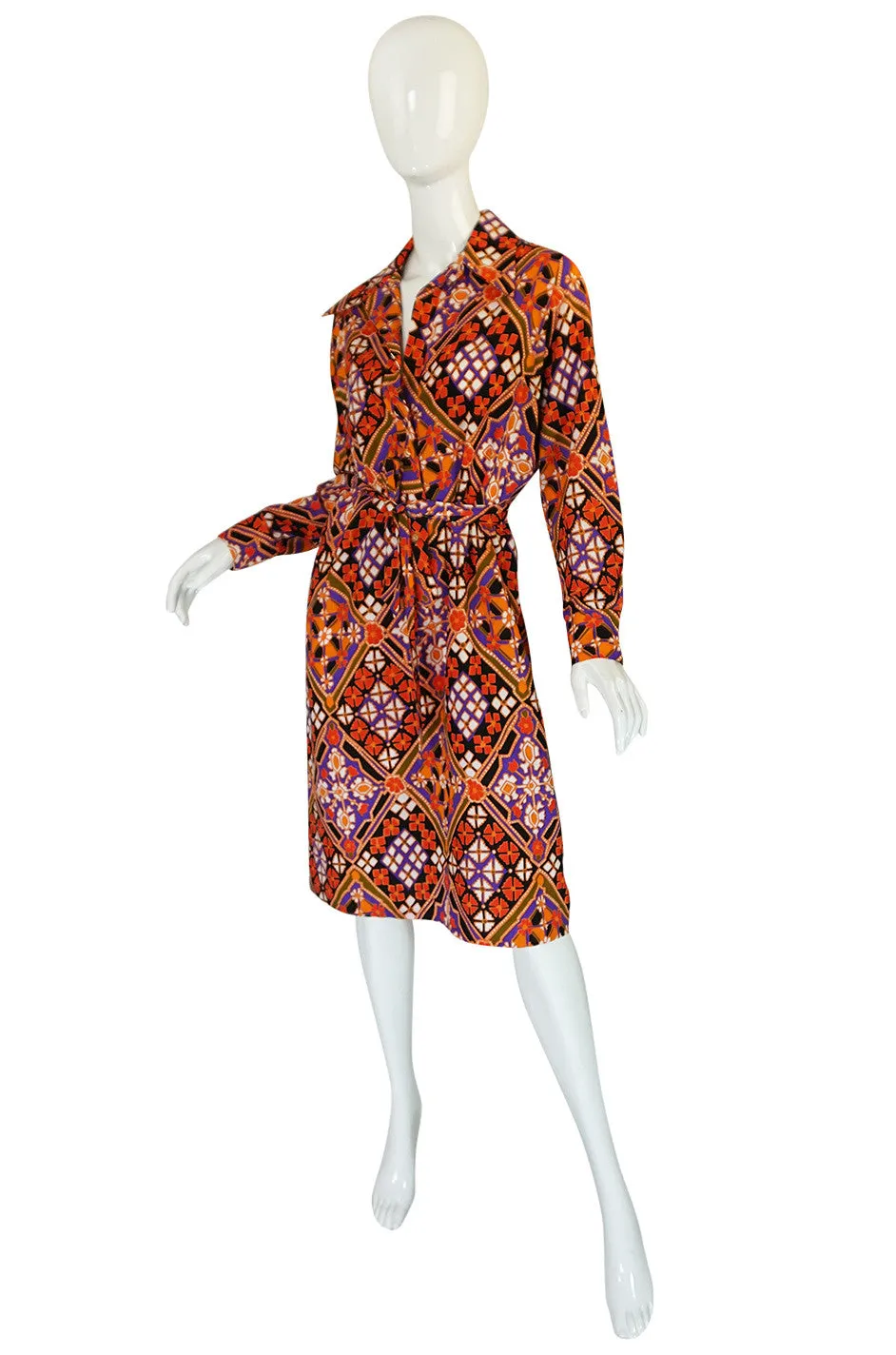 Chic 1970s Belted Coral Print Lanvin Shirt Dress