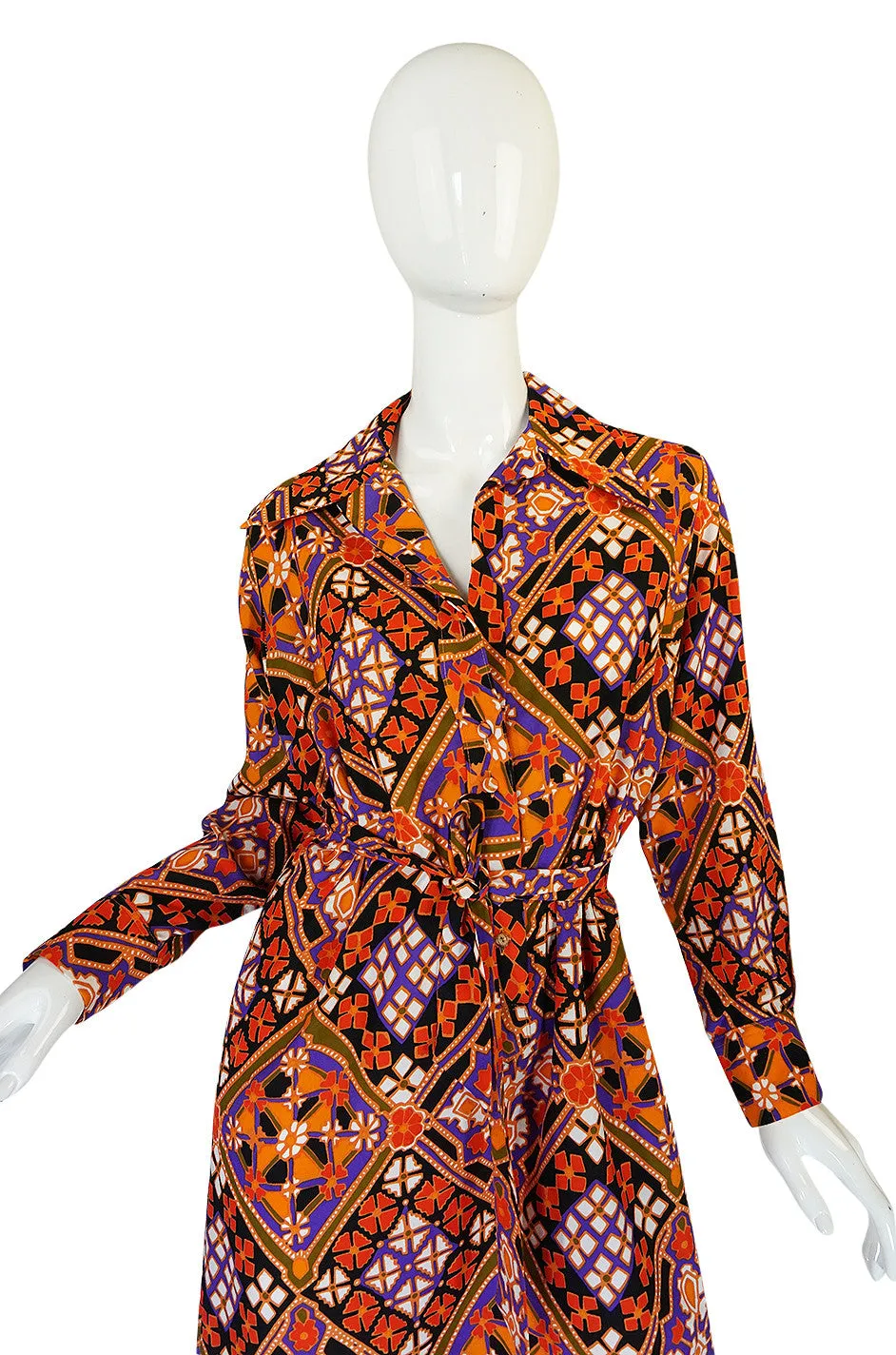 Chic 1970s Belted Coral Print Lanvin Shirt Dress