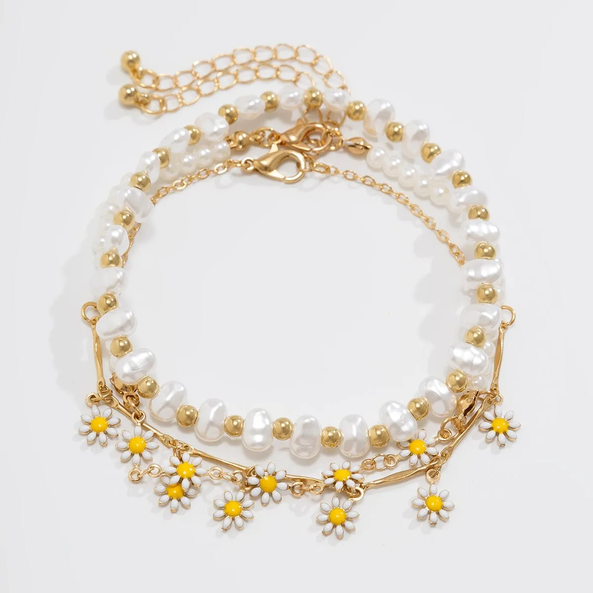 Chic 3Pcs Enamel Daisy Flower Charm Pearl Chain Anklet Set