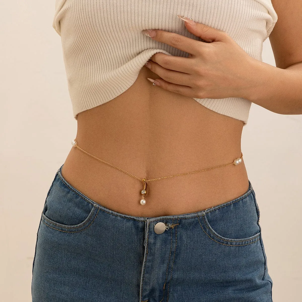 Chic Crystal Inlaid Pearl Charm Navel Piercing Belly Chain