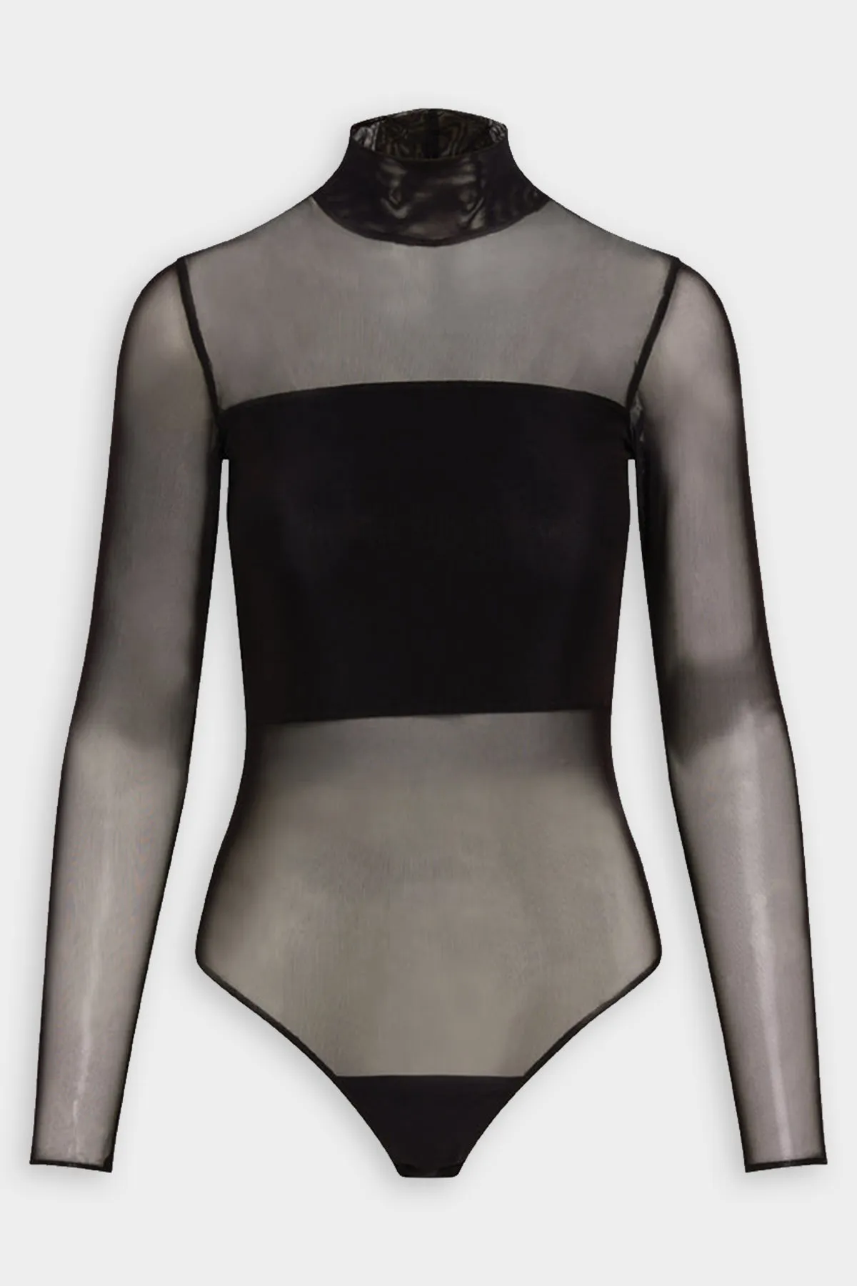 Chic Mesh Mockneck Paneled Bodysuit in Black