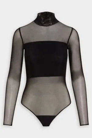 Chic Mesh Mockneck Paneled Bodysuit in Black