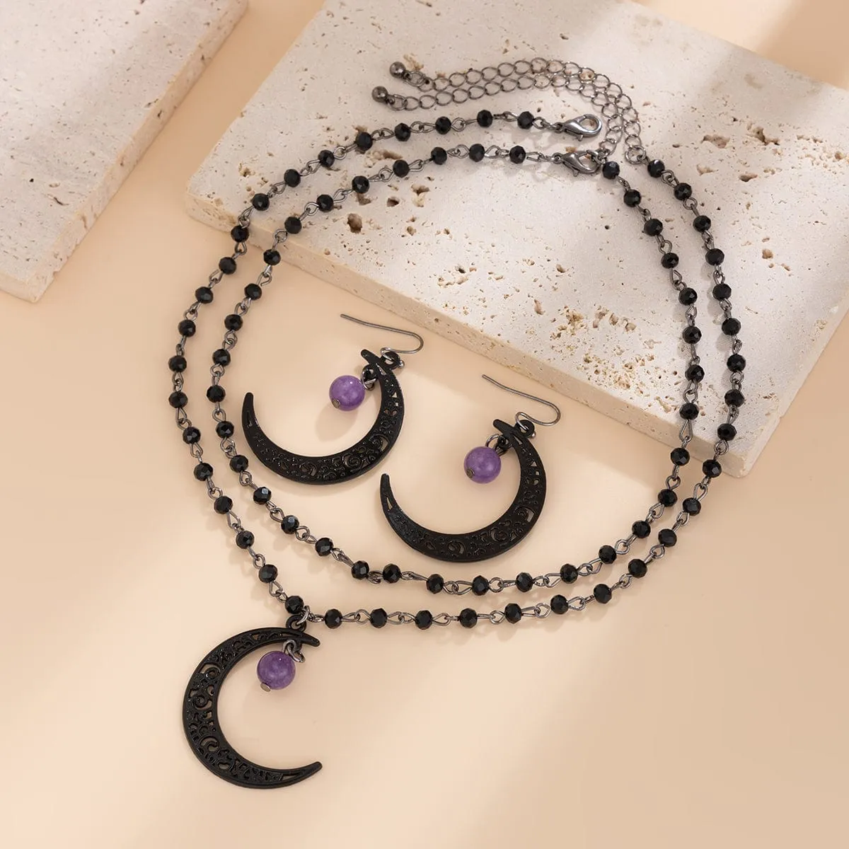 Chic Moon Pendant Crystal Chain Necklace Earrings Set