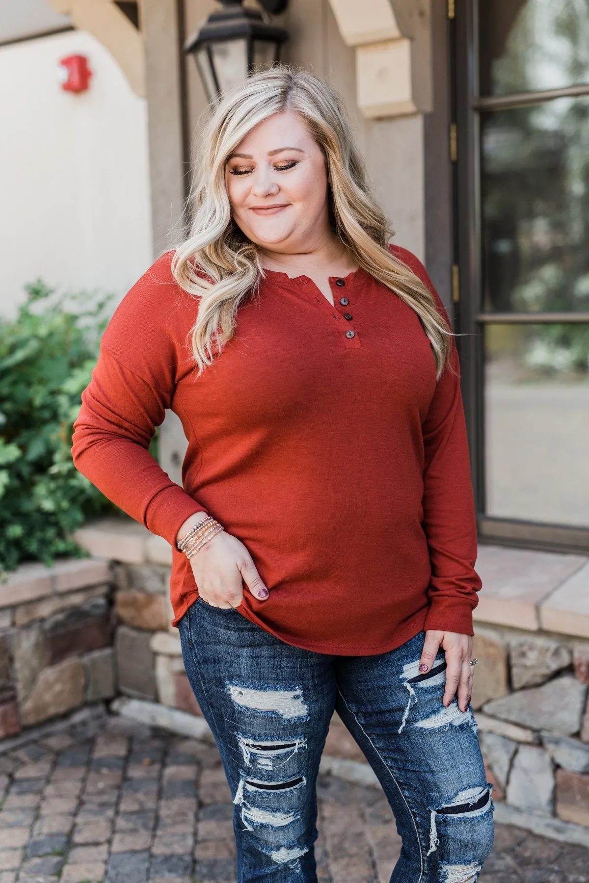 Cozy & Warm 4 Button Henley Top- Rust