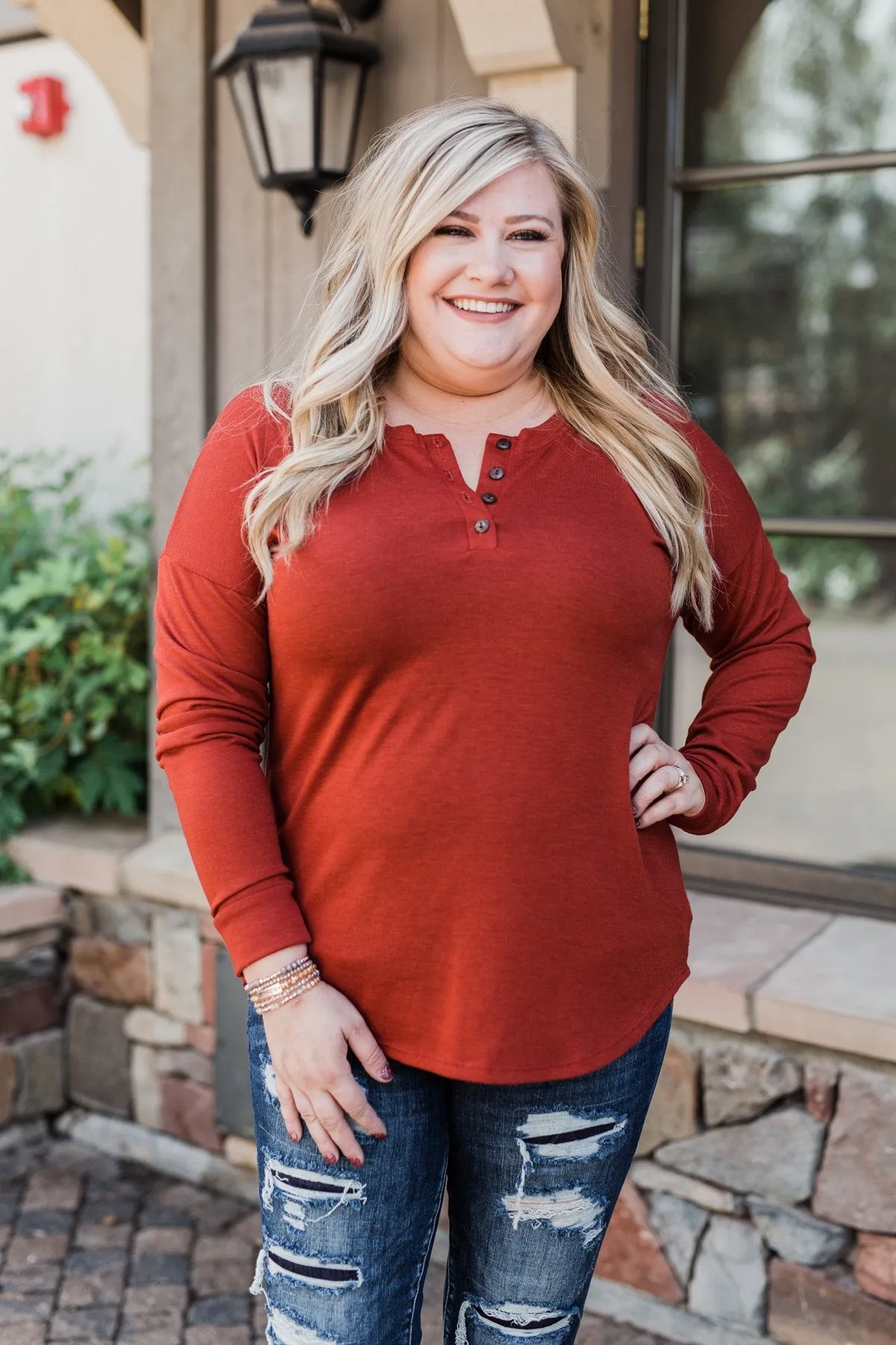 Cozy & Warm 4 Button Henley Top- Rust