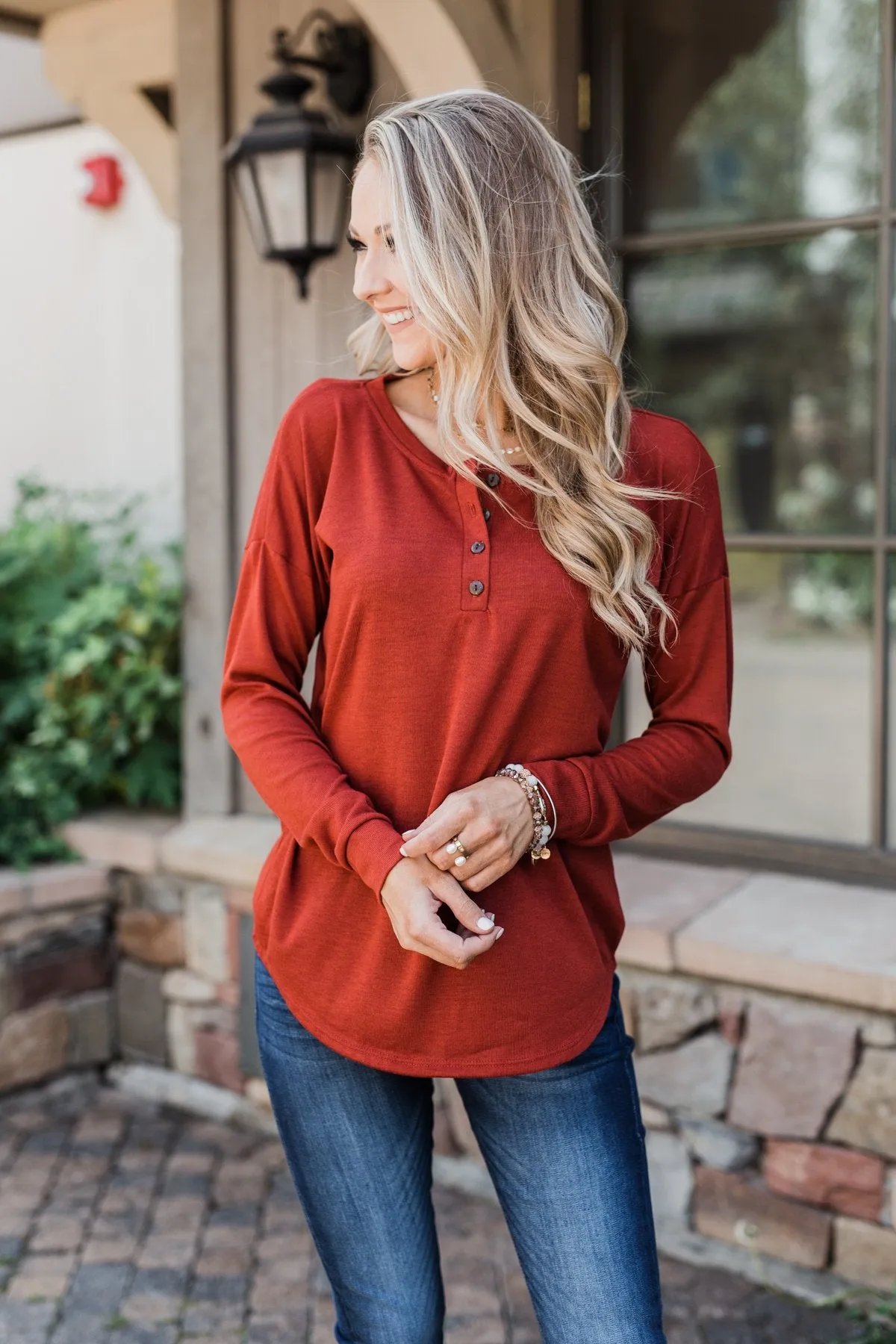 Cozy & Warm 4 Button Henley Top- Rust