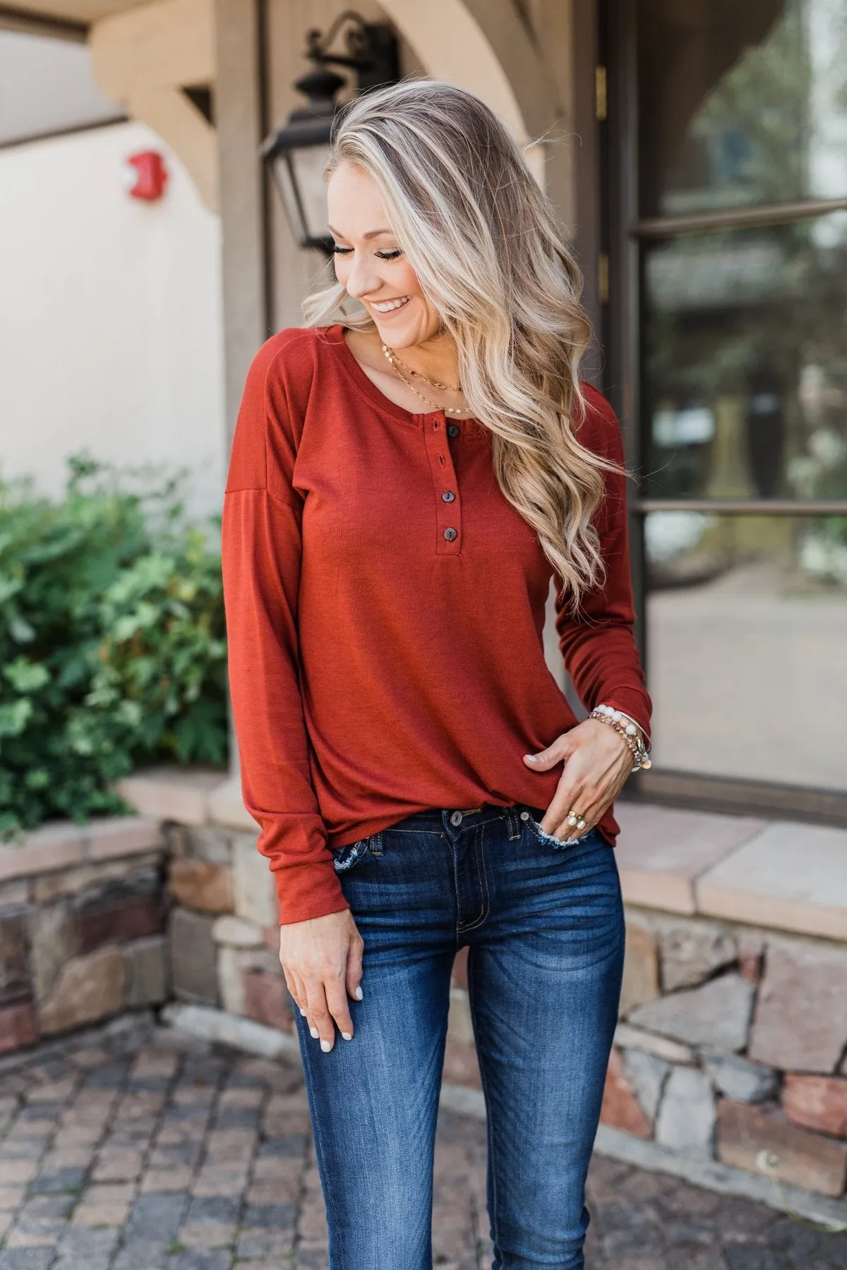 Cozy & Warm 4 Button Henley Top- Rust