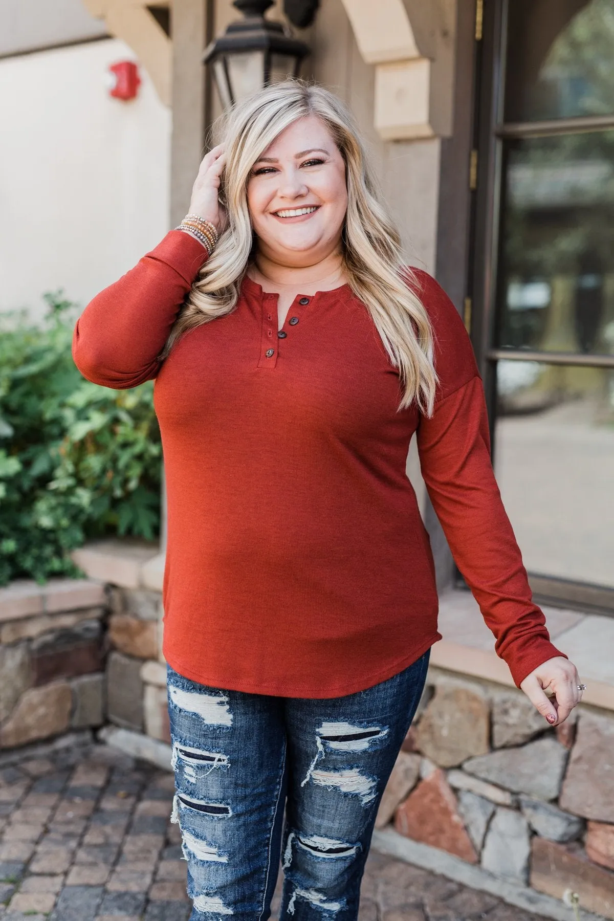 Cozy & Warm 4 Button Henley Top- Rust