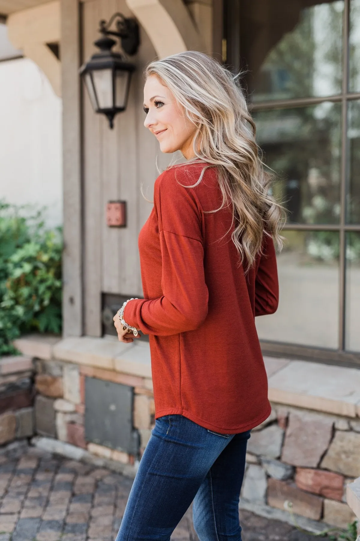 Cozy & Warm 4 Button Henley Top- Rust