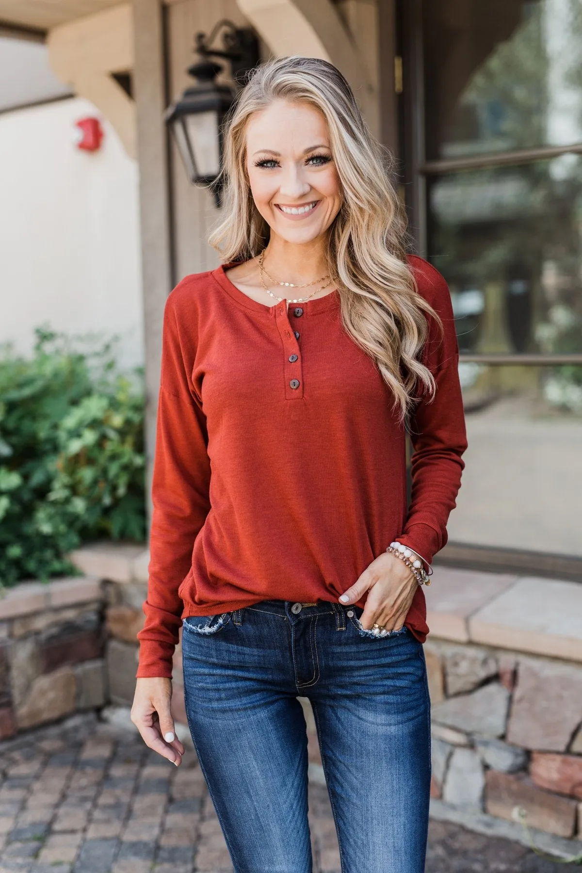 Cozy & Warm 4 Button Henley Top- Rust