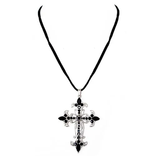 FILIGREE CROSS WITH JET CRYSTAL PENDANT NECKLACE  #NC332002_BLK-SIL (LF25/R-TH21)