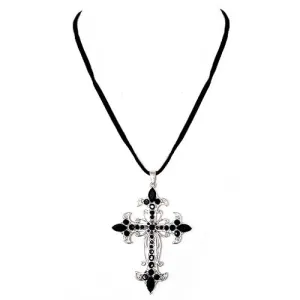 FILIGREE CROSS WITH JET CRYSTAL PENDANT NECKLACE  #NC332002_BLK-SIL (LF25/R-TH21)