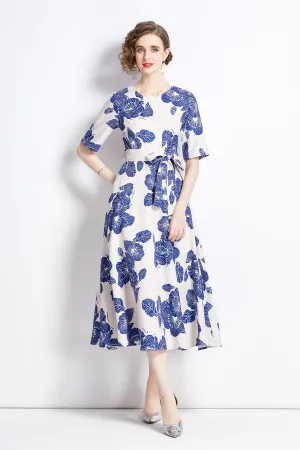 Flat-rate discount Dress Midi Porcelain Extensive catalog Waist Print Blue Vintage Cinching