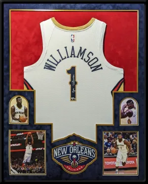 FRAMED IN SUEDE NEW ORLEANS PELICANS ZION WILLIAMSON SIGNED JERSEY FANATICS HOLO