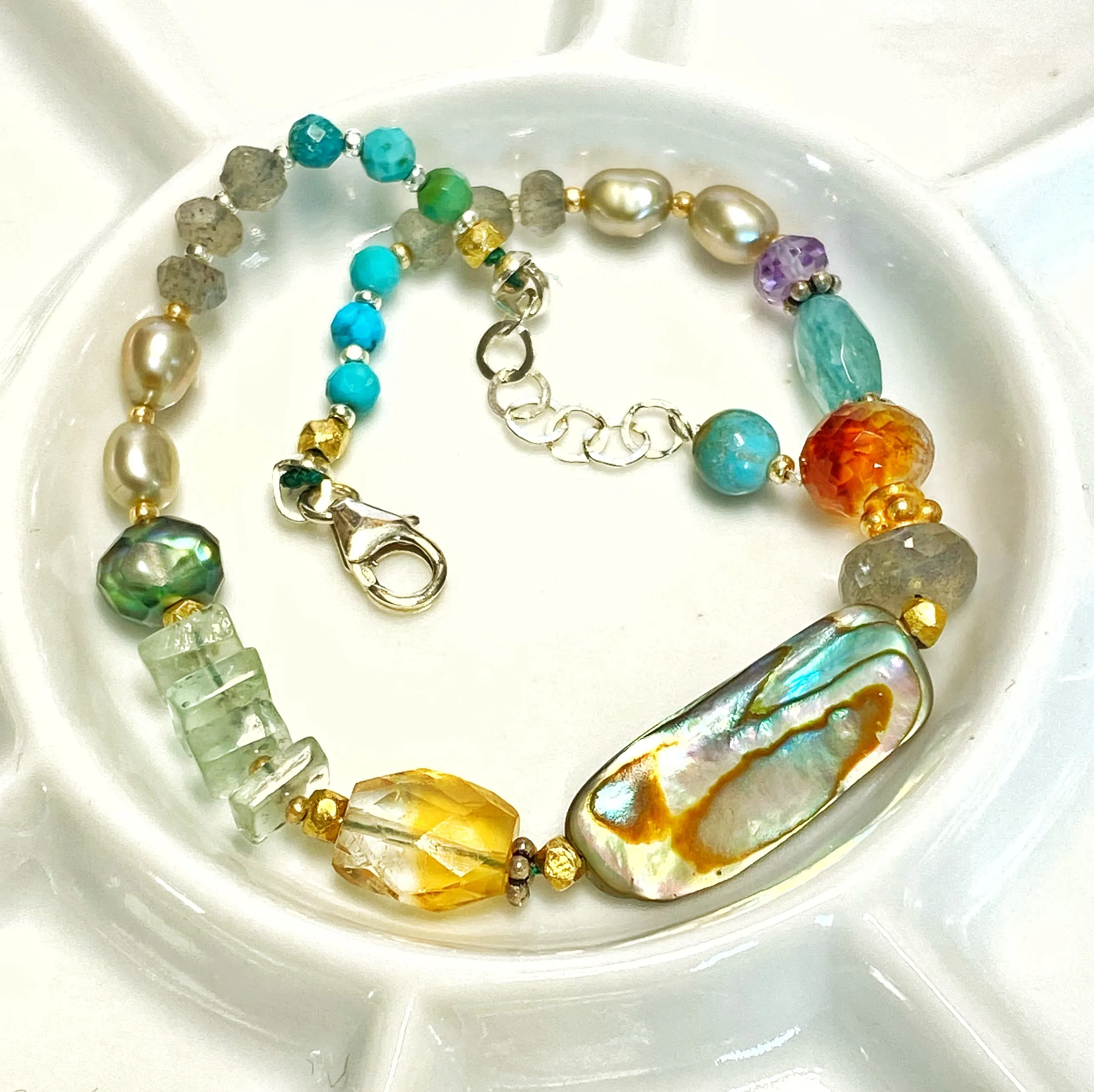 Gemstone, Abalone, Pearl Coastal Chic Boho Bracelet