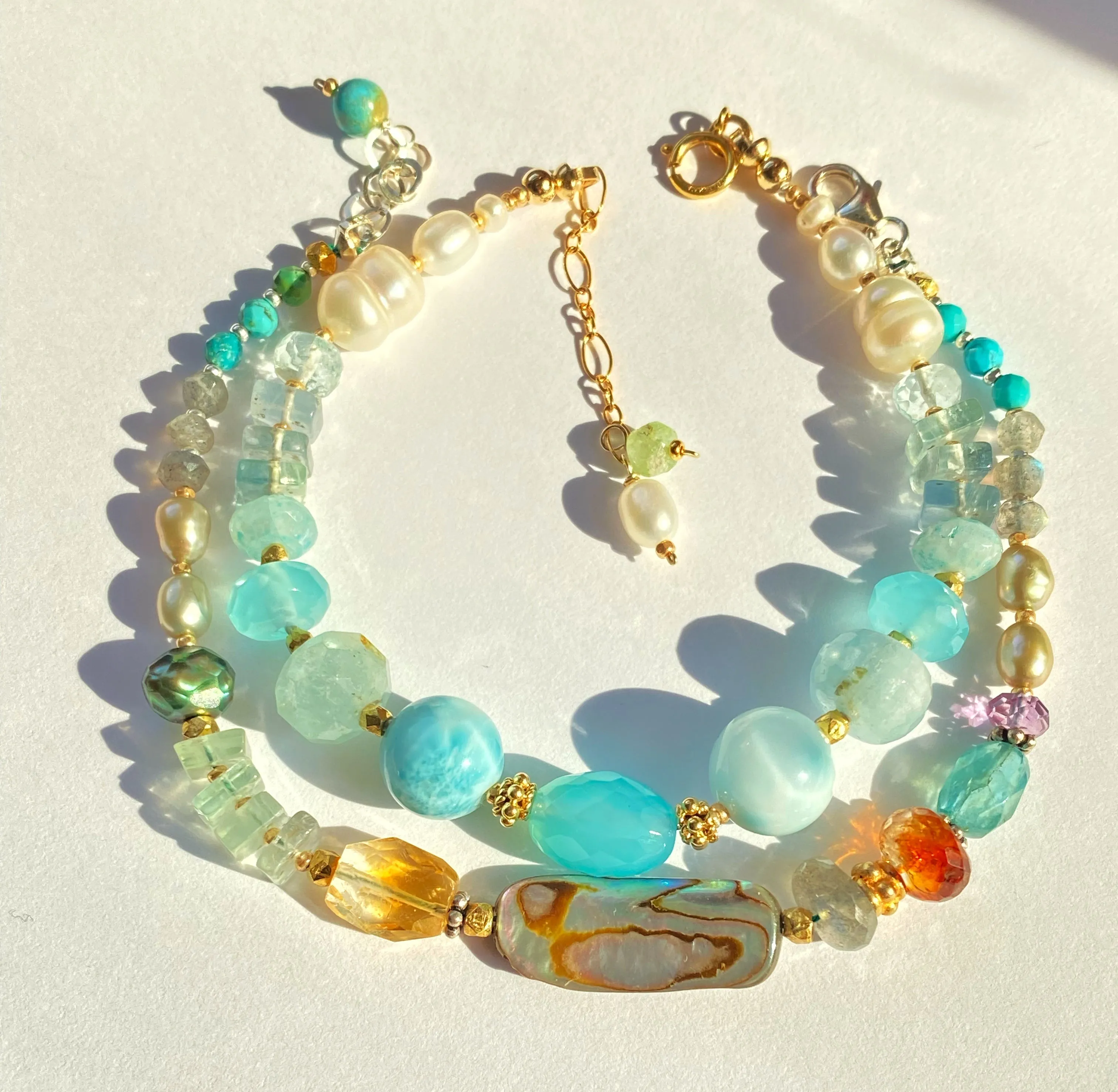 Gemstone, Abalone, Pearl Coastal Chic Boho Bracelet