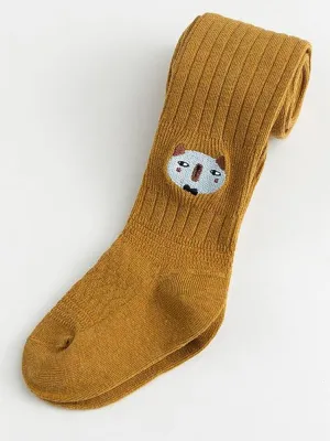 Girls Animal Face Tights - Mustard
