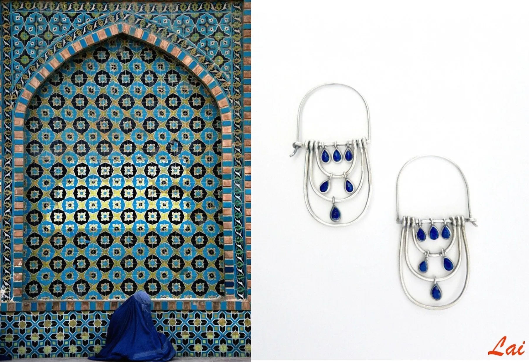 Glamorously chic, elongated hoops with faceted lapis drops