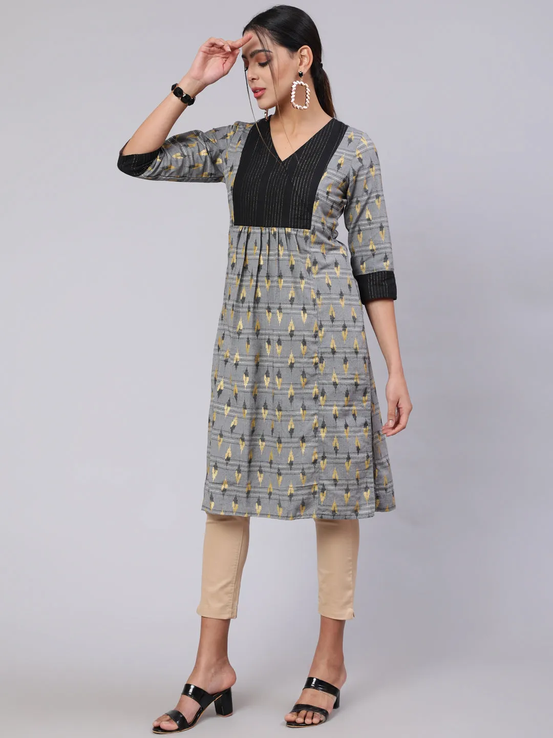 Grey Self Weaved Ikat Straight Kurta