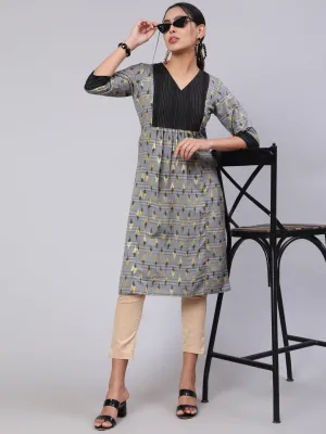 Grey Self Weaved Ikat Straight Kurta
