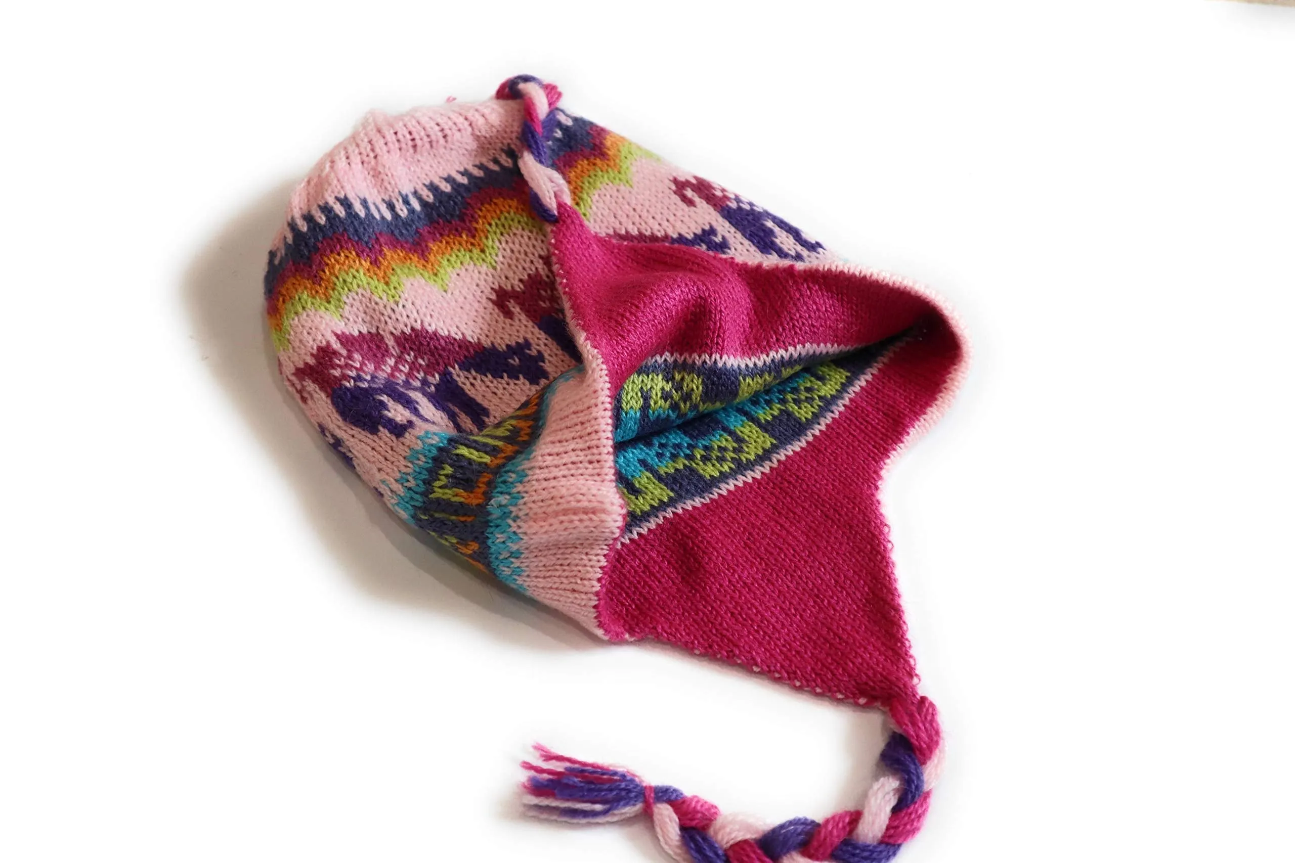 Hand-Knotted Chullo Winter Magenta Pink Reversible. Alpaca Wool Blend with Earflaps Inca Culture Design. Rustic Unisex