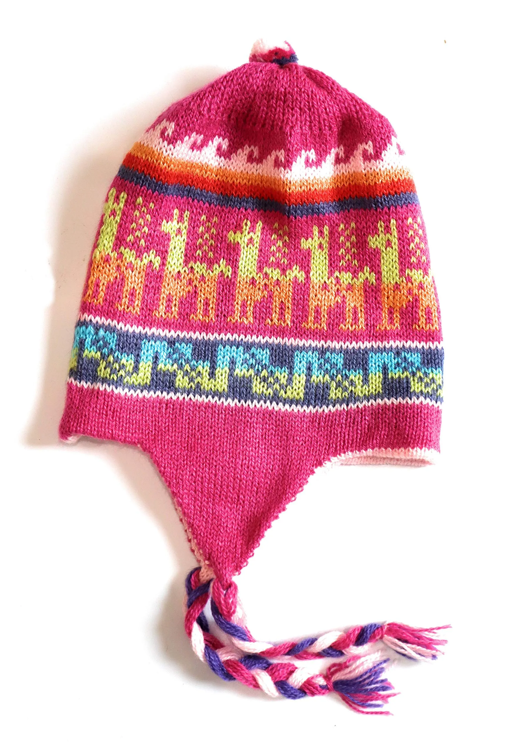 Hand-Knotted Chullo Winter Magenta Pink Reversible. Alpaca Wool Blend with Earflaps Inca Culture Design. Rustic Unisex