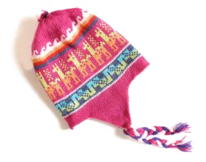Hand-Knotted Chullo Winter Magenta Pink Reversible. Alpaca Wool Blend with Earflaps Inca Culture Design. Rustic Unisex