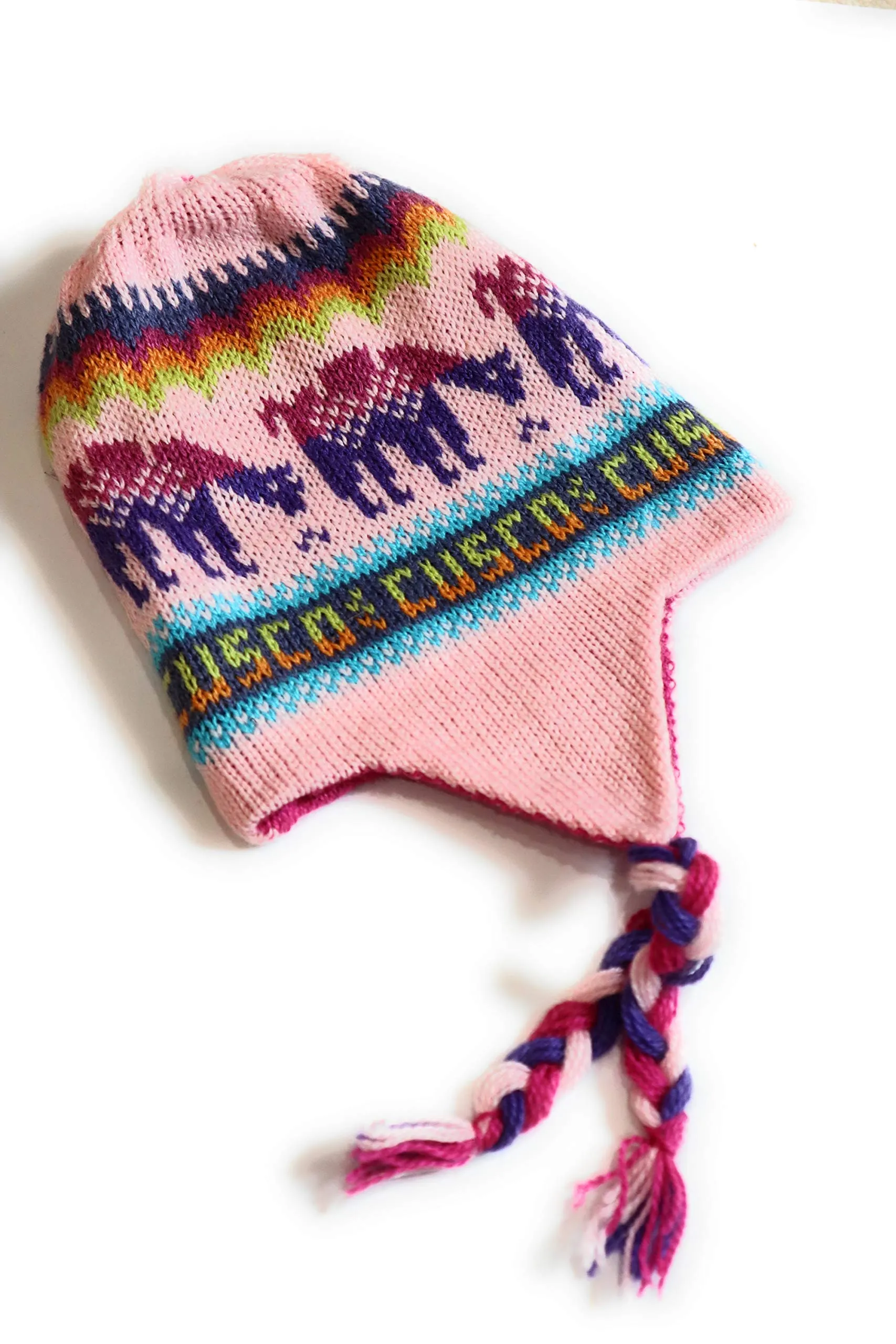 Hand-Knotted Chullo Winter Magenta Pink Reversible. Alpaca Wool Blend with Earflaps Inca Culture Design. Rustic Unisex