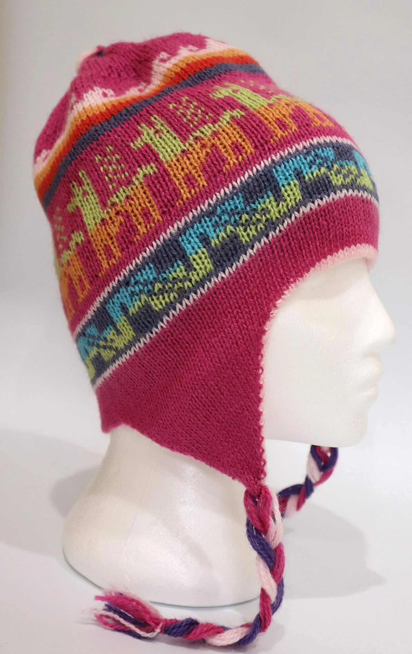 Hand-Knotted Chullo Winter Magenta Pink Reversible. Alpaca Wool Blend with Earflaps Inca Culture Design. Rustic Unisex