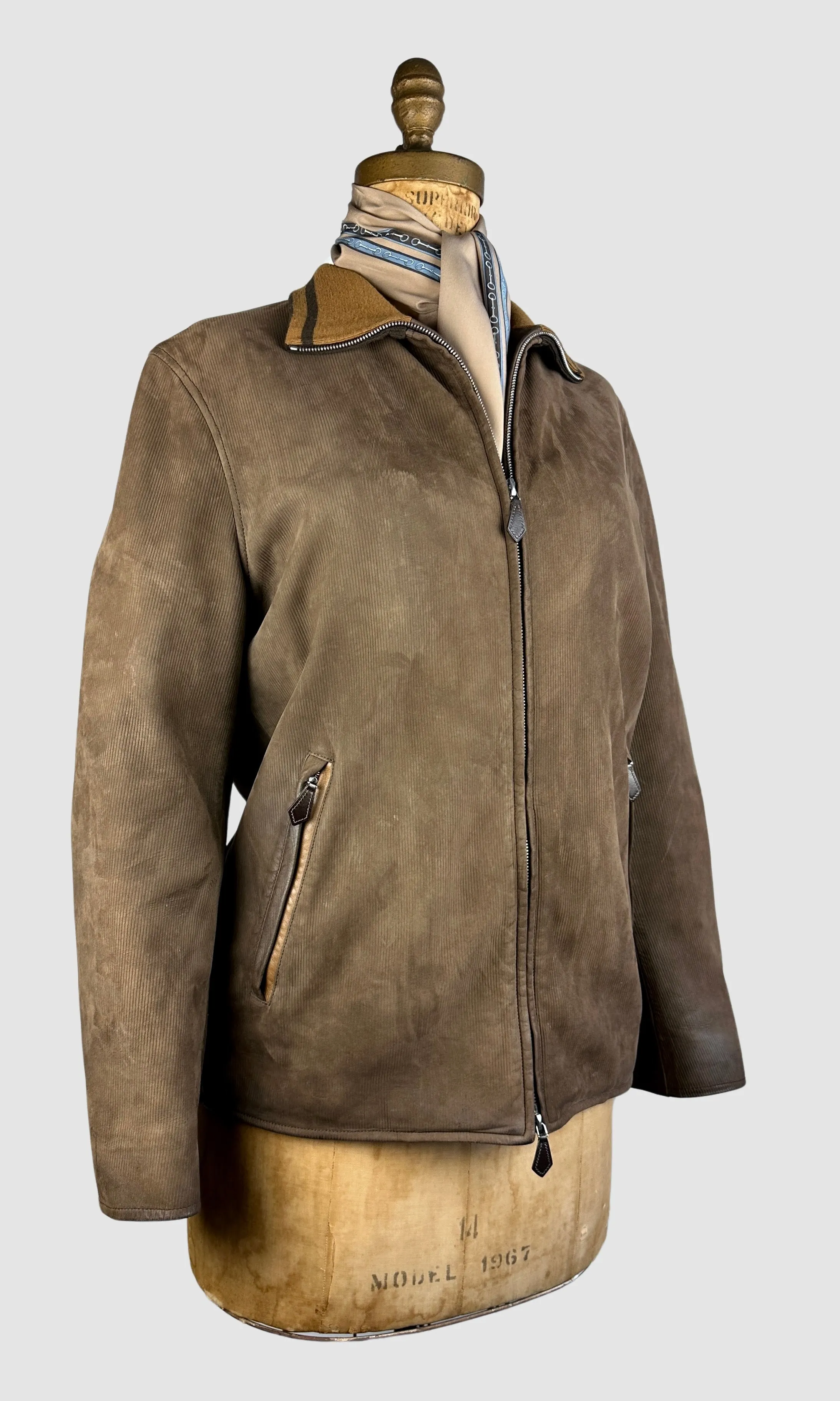 HERMES 80s Brown Lambskin Suede Jacket • Size 48, Medium Large