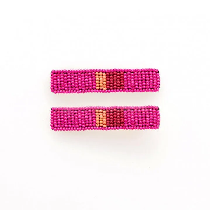 Hot Pink & Red Beaded Hair Clip (Set of 2)