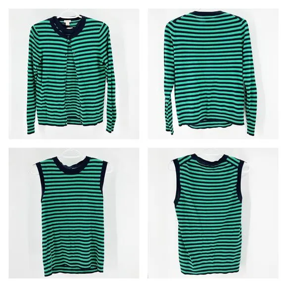 J.Crew Striped Caryn cardigan sweater green blue nautical preppy classic set