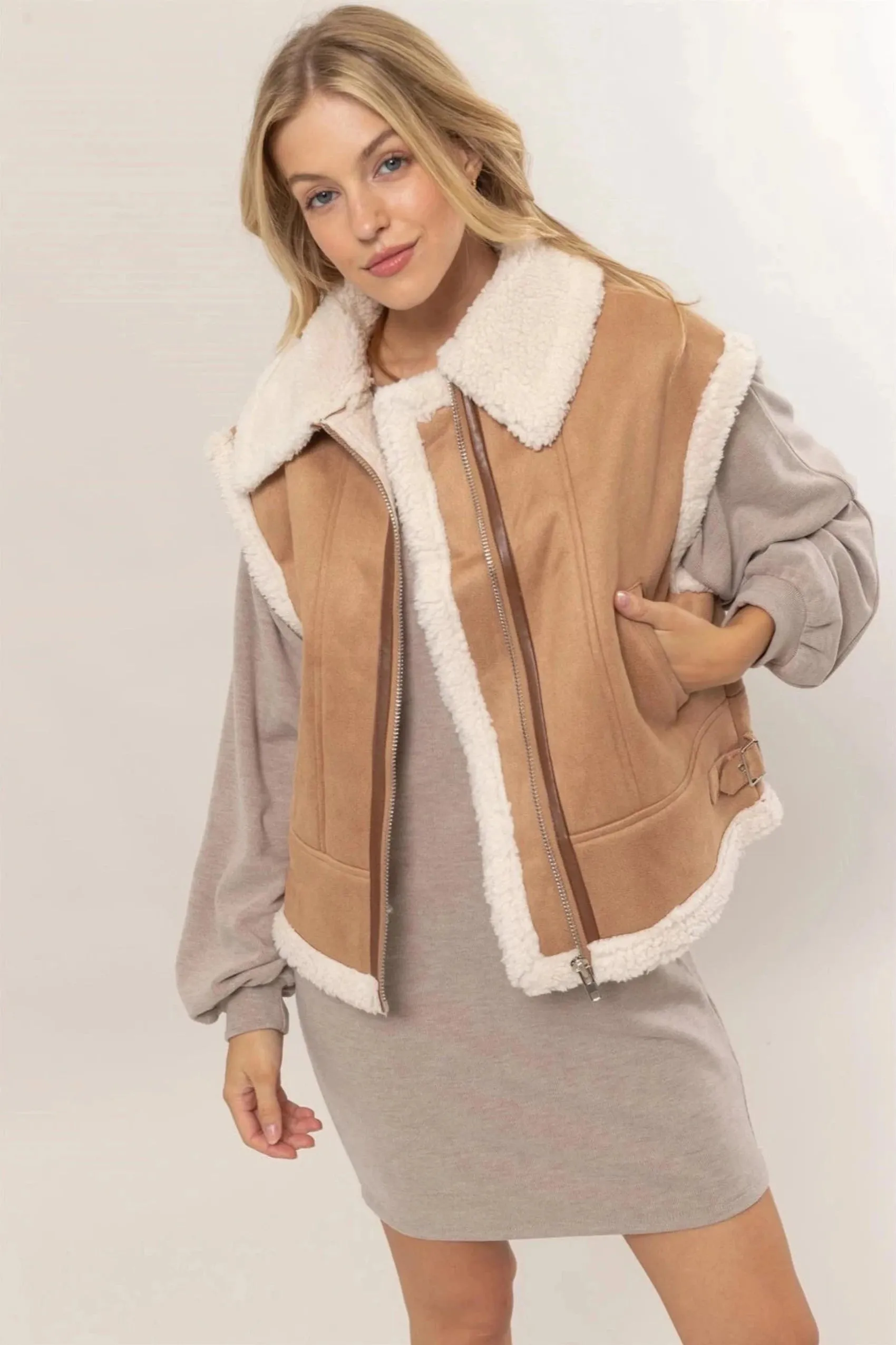 Leighton Sherpa Lined Suede Vest - Light Camel