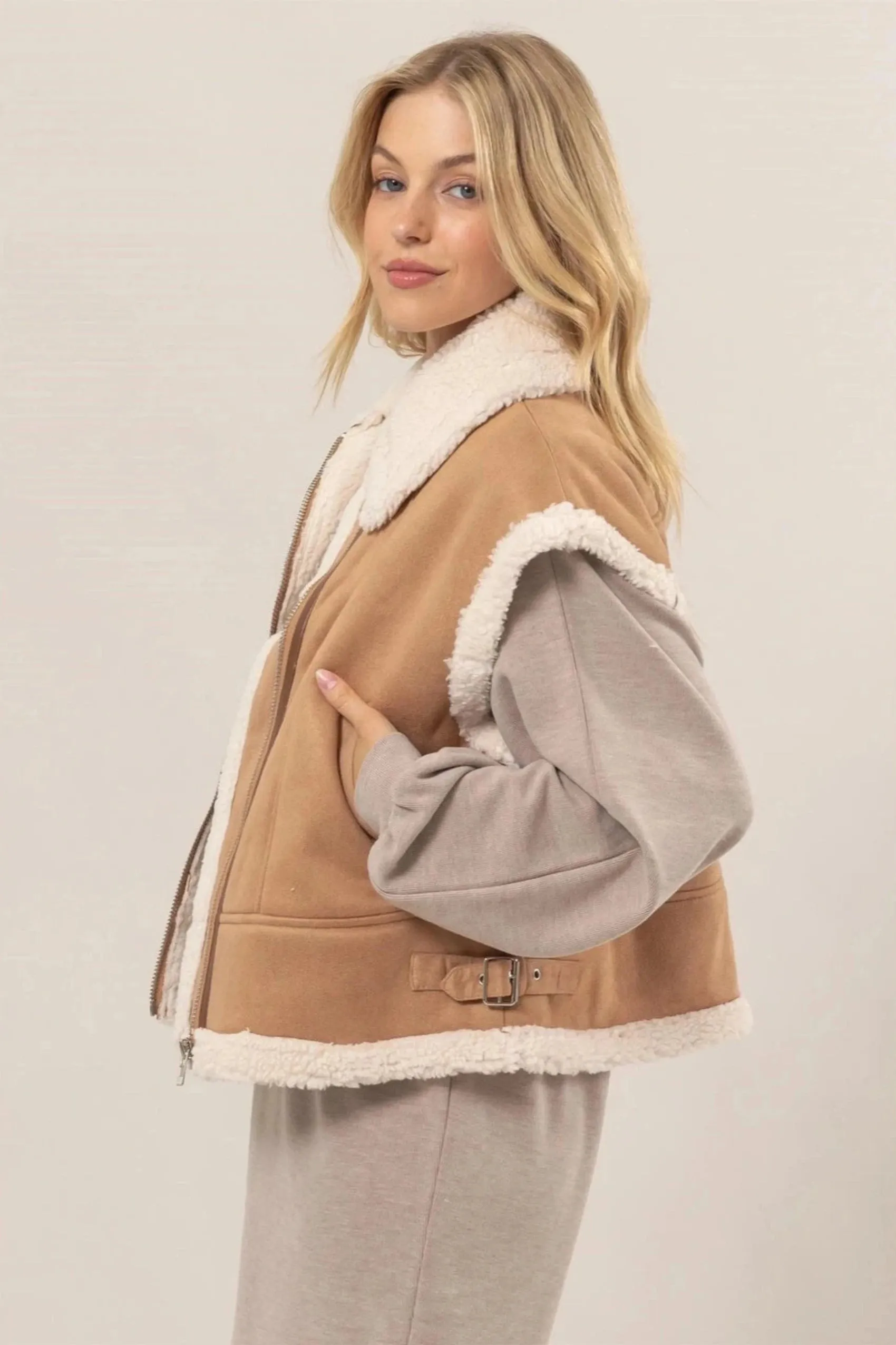 Leighton Sherpa Lined Suede Vest - Light Camel