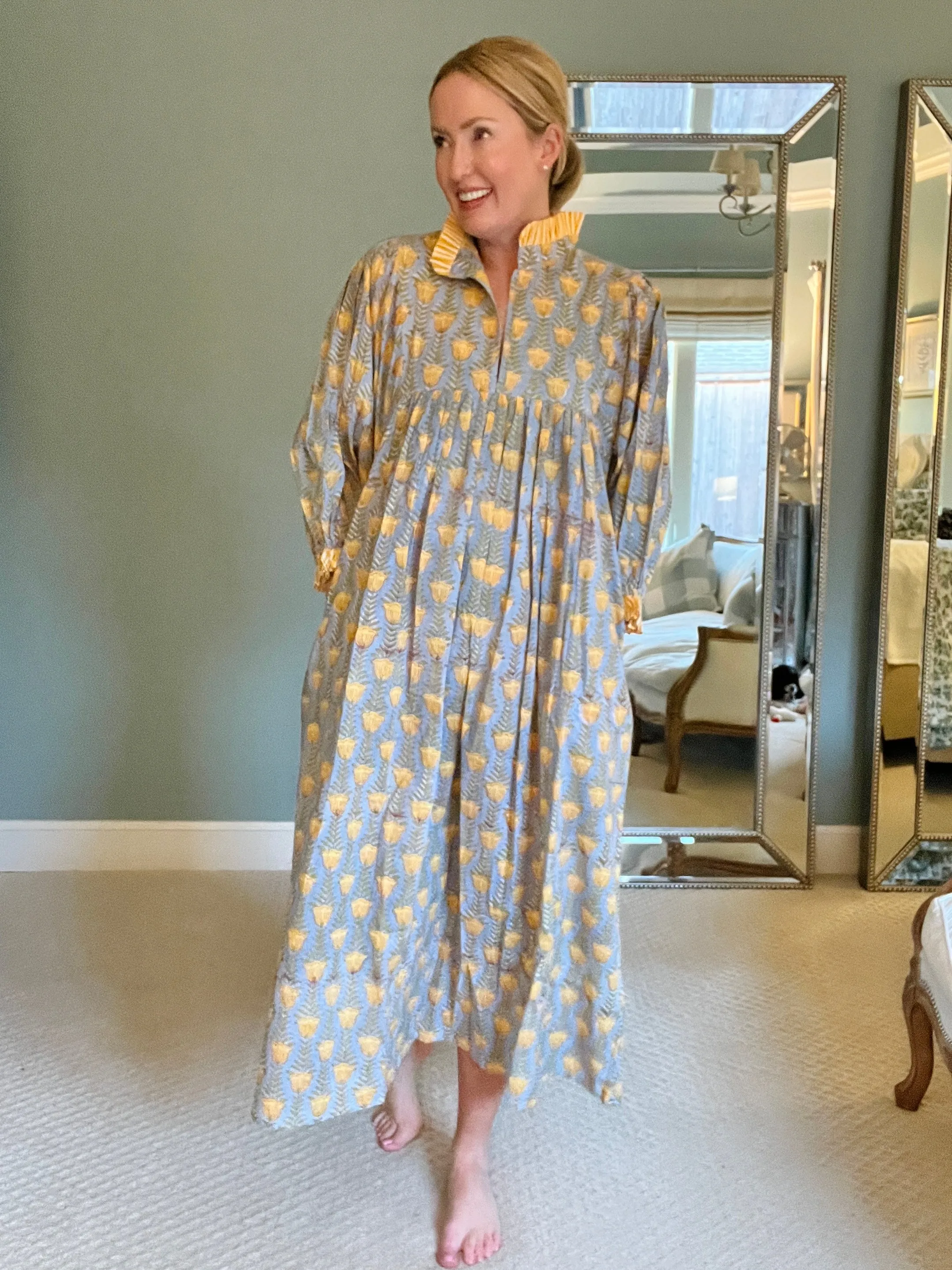 Lillie caftan maxi dress in blue and yellow buttercup block print