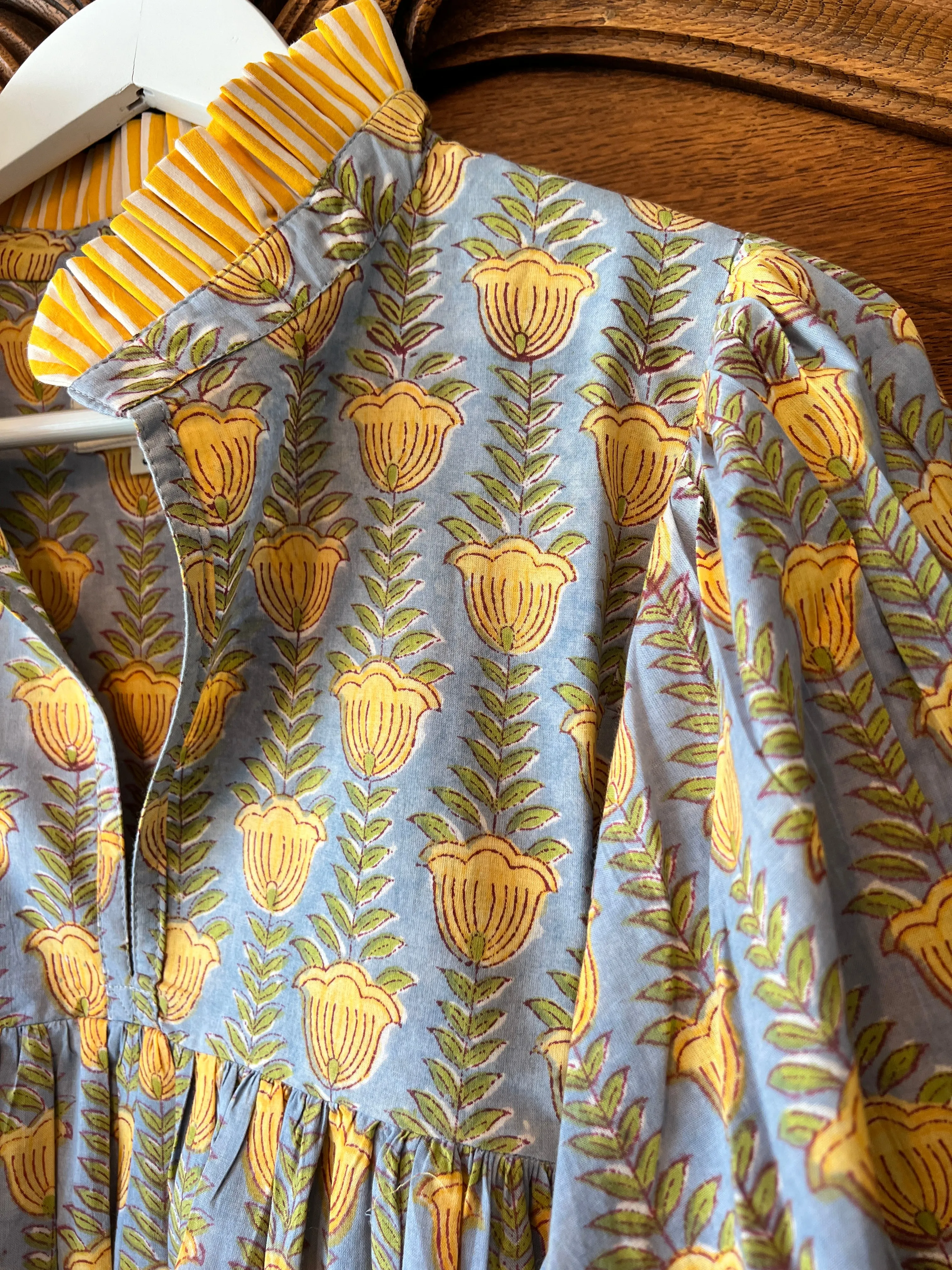 Lillie caftan maxi dress in blue and yellow buttercup block print