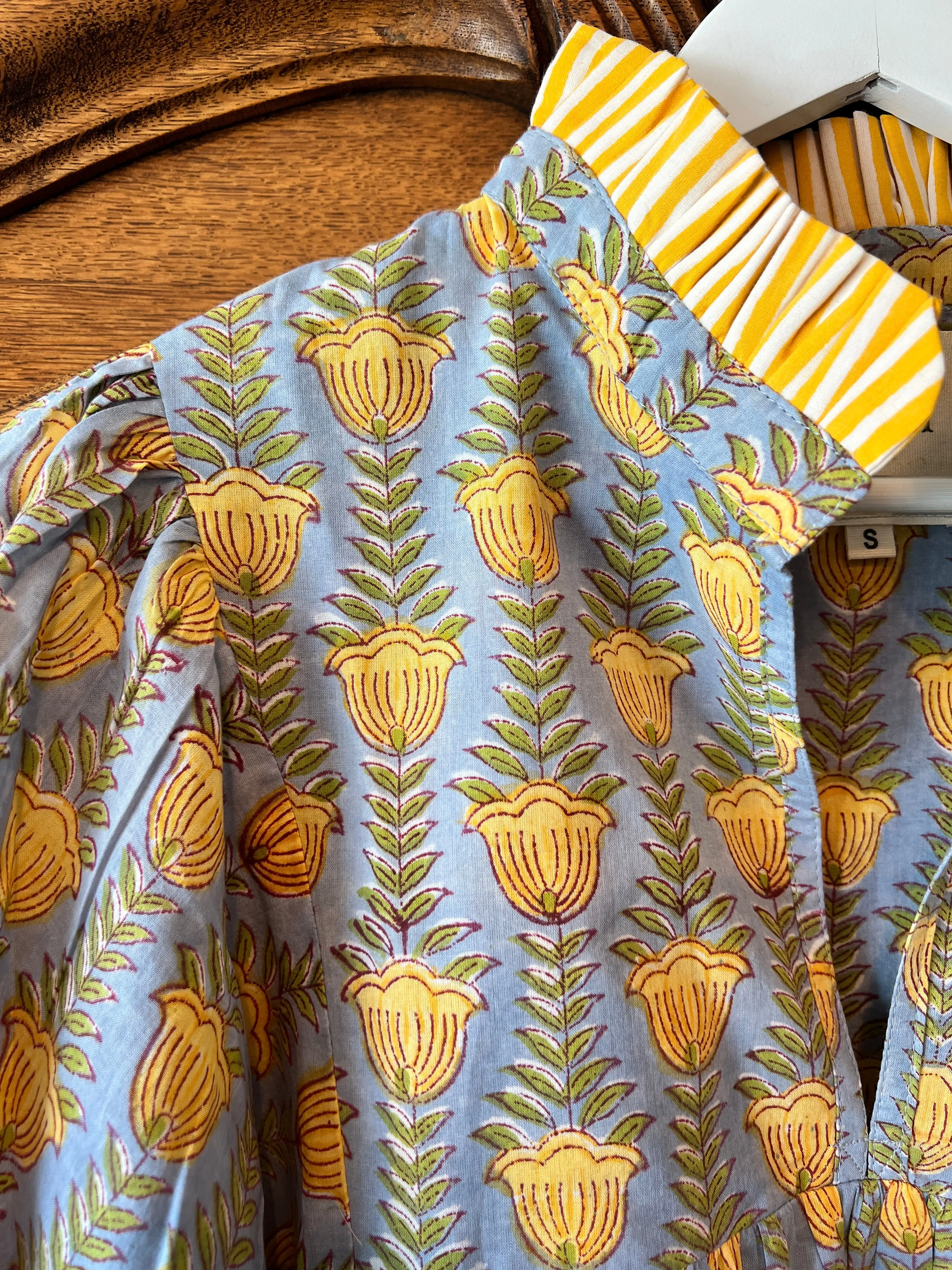 Lillie caftan maxi dress in blue and yellow buttercup block print