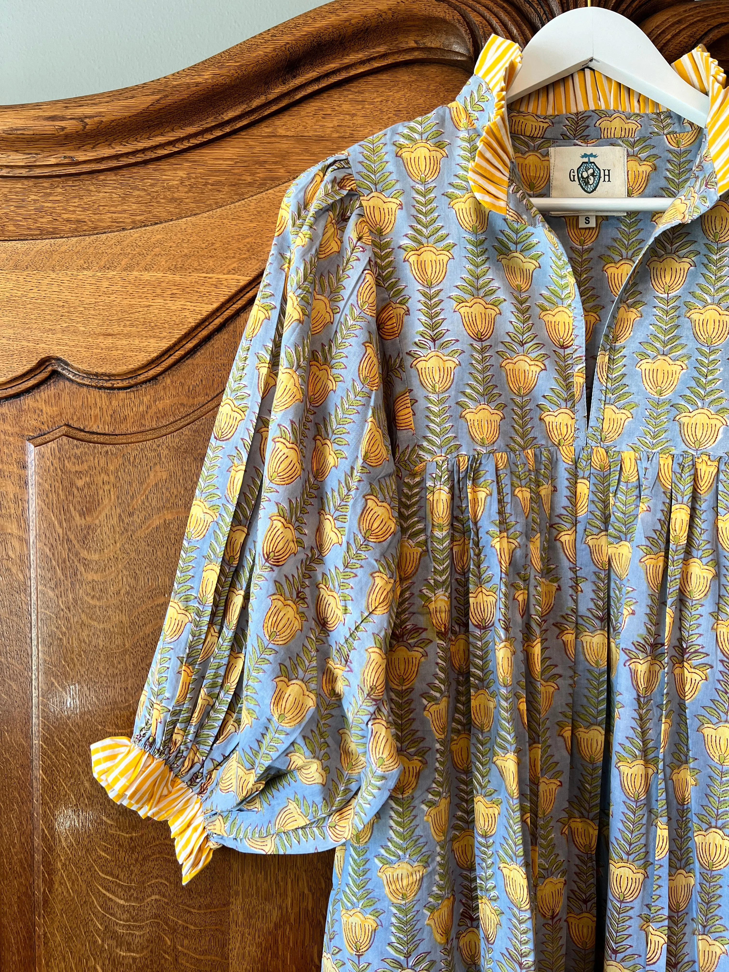 Lillie caftan maxi dress in blue and yellow buttercup block print