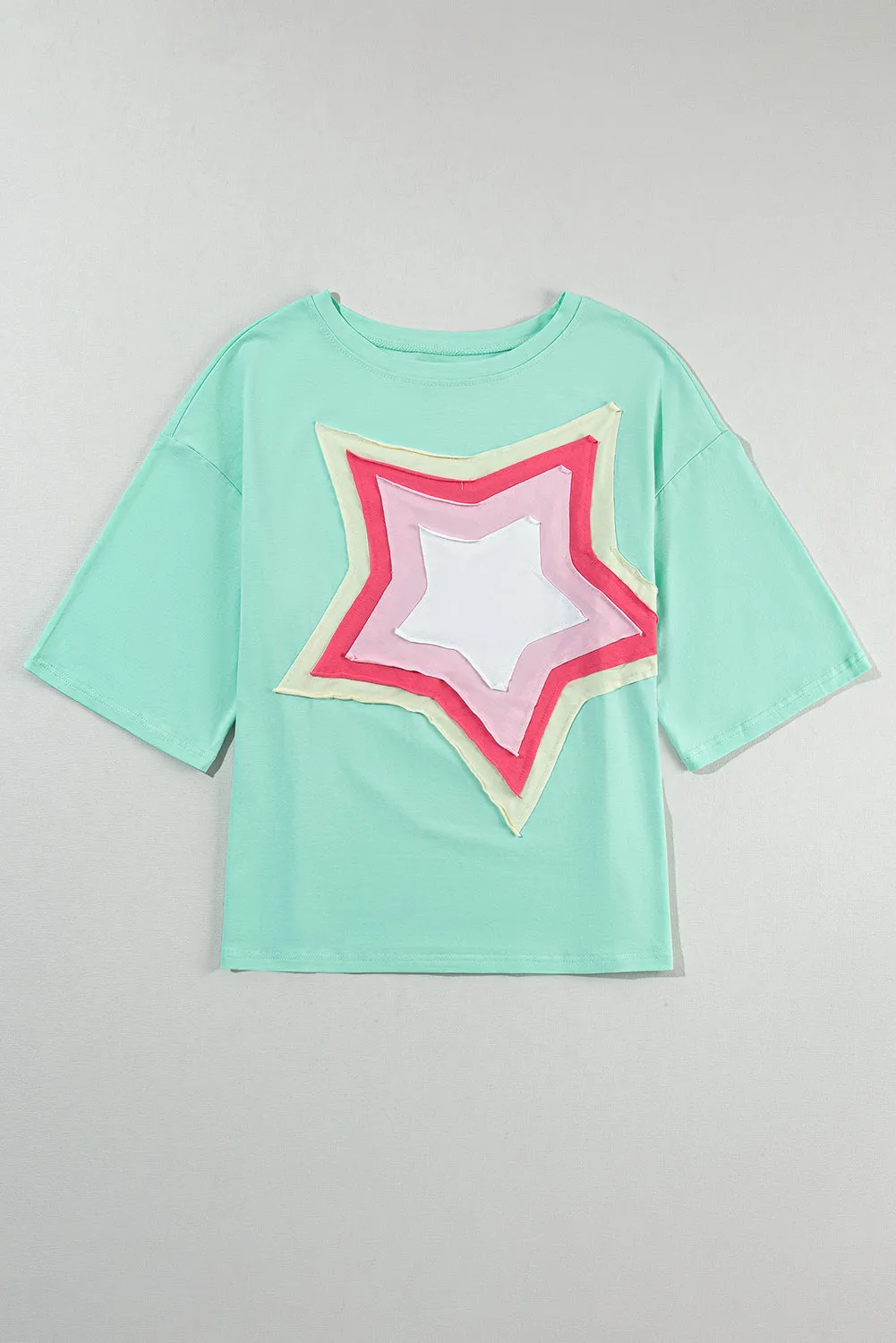 Moonlight Jade Colorblock Star Patched Half Sleeve Oversized Tee