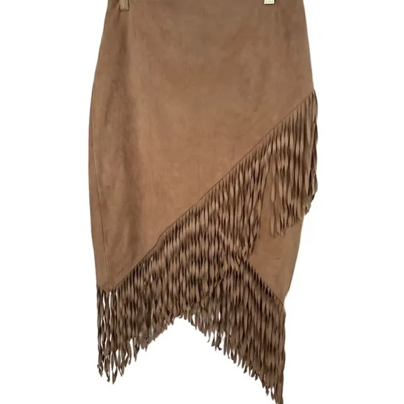 NEW Express Asymmetric Tulip Fringe Faux Suede Camel Tan Skirt Size 4 NWOT​​